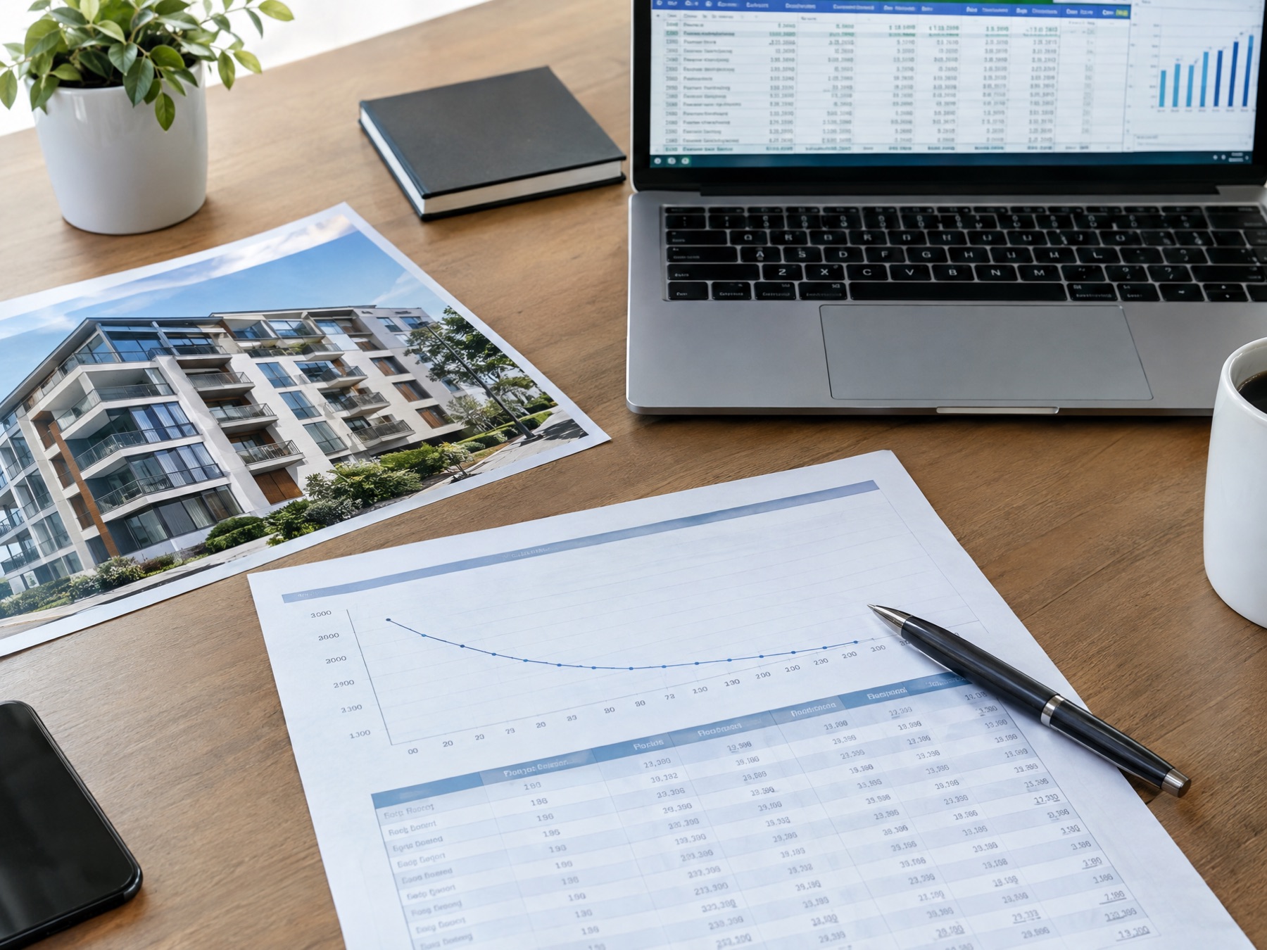 Depreciation analysis report and chart on a desk